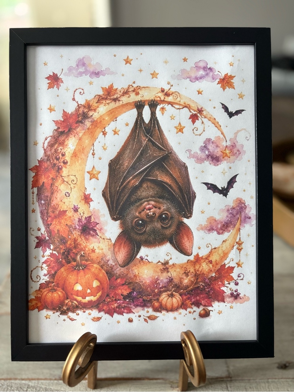 Halloween Bat Crescent Moon Framed 8x10 Wall Art - Orange & Brown